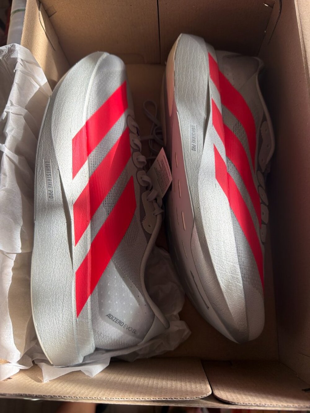 adidas Adizero EVO SL Men's 12 Silver Metallic/Lucid Red/Hyper Metallic NIB